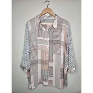 Rose + Olive Blouse 3X Pink Geometric Patchwork Button Flowy Lagenlook Boho